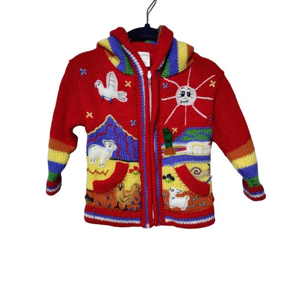 Handmade Baby Peruvian Full Zip Hooded Sweater Embroidered Mountain Scene - Picture 1 of 6